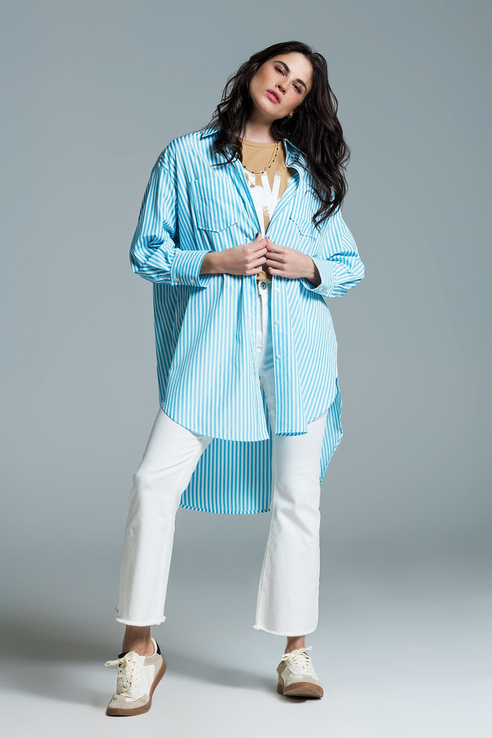 Light blue oversized blouse with white stripes - Shirts