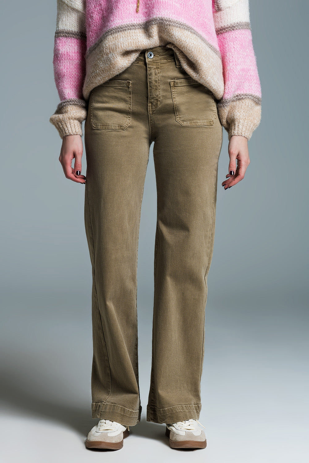 high waisted front pockets flare jeans in kakhi - Coloured Jeans