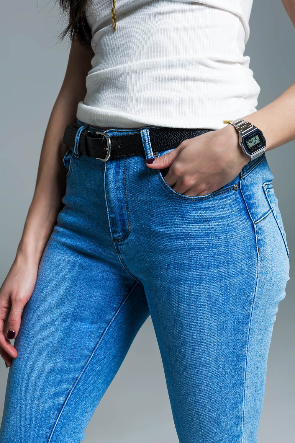 Light blue basic skinny jeans with short slit at hem - Denim