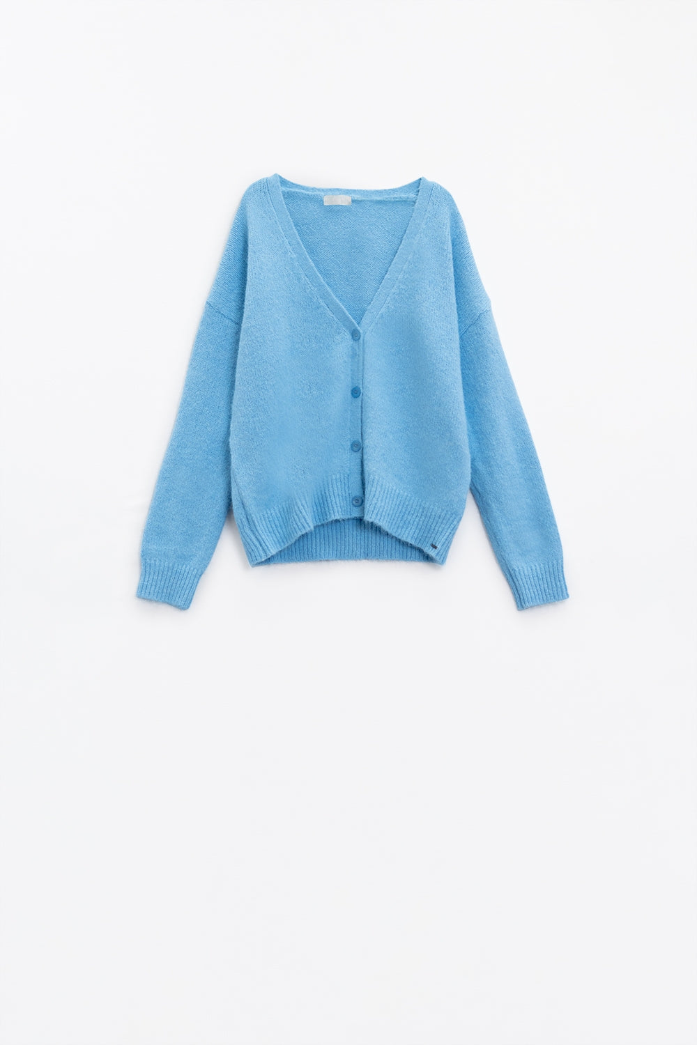 Blue knit cardigan with wide V-neck and button closure - cardigan