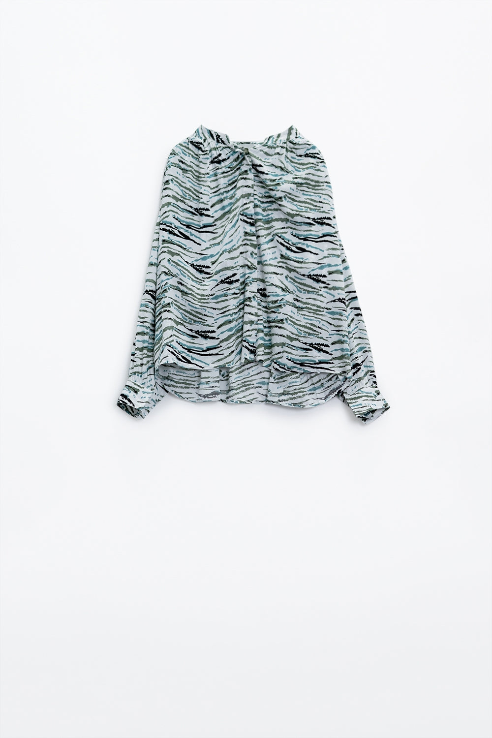 White Blouse With Green Animal Print And Long Sleeves - Shirts