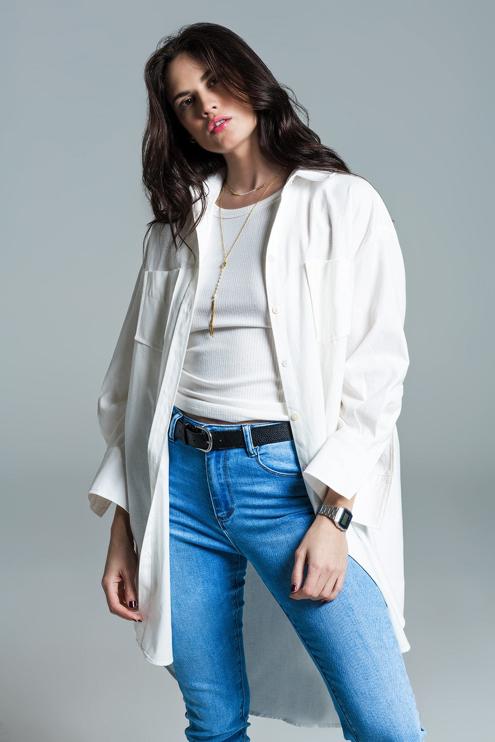 Chemise Coupe Boyfriend avec Manches 3/4 Blanche