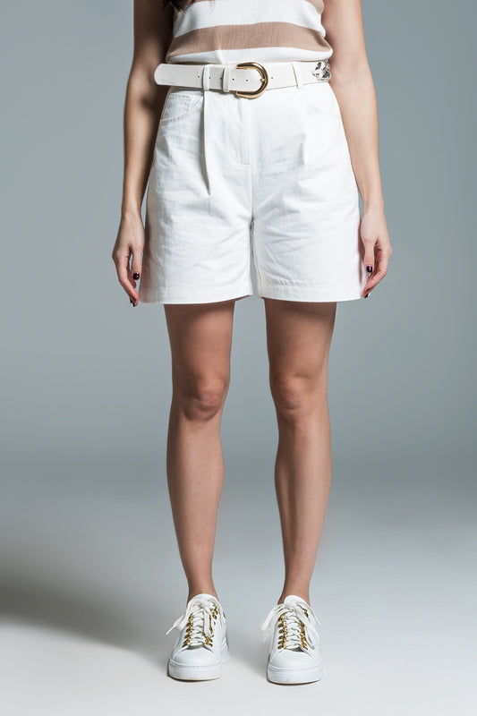Bermuda Relaxed Fit Shorts With Front Pleats in White - trousers