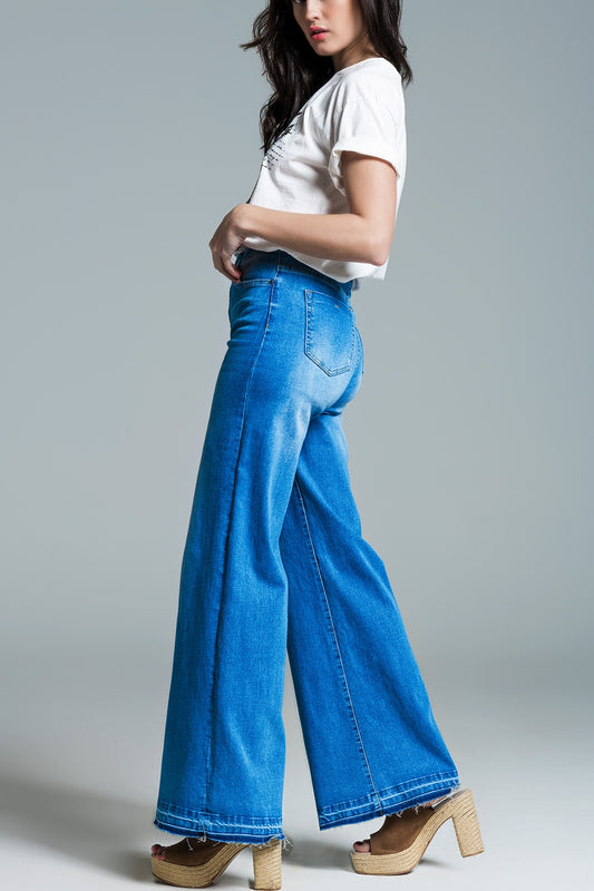 Palazzo Style Jeans in Mid Wash With Double Stitching Detail at The Hem - Denim