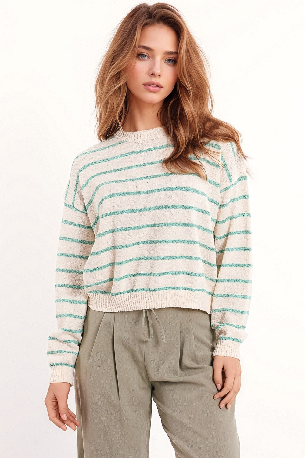 Sweater With Drop Shoulders in White with Green Stripes
