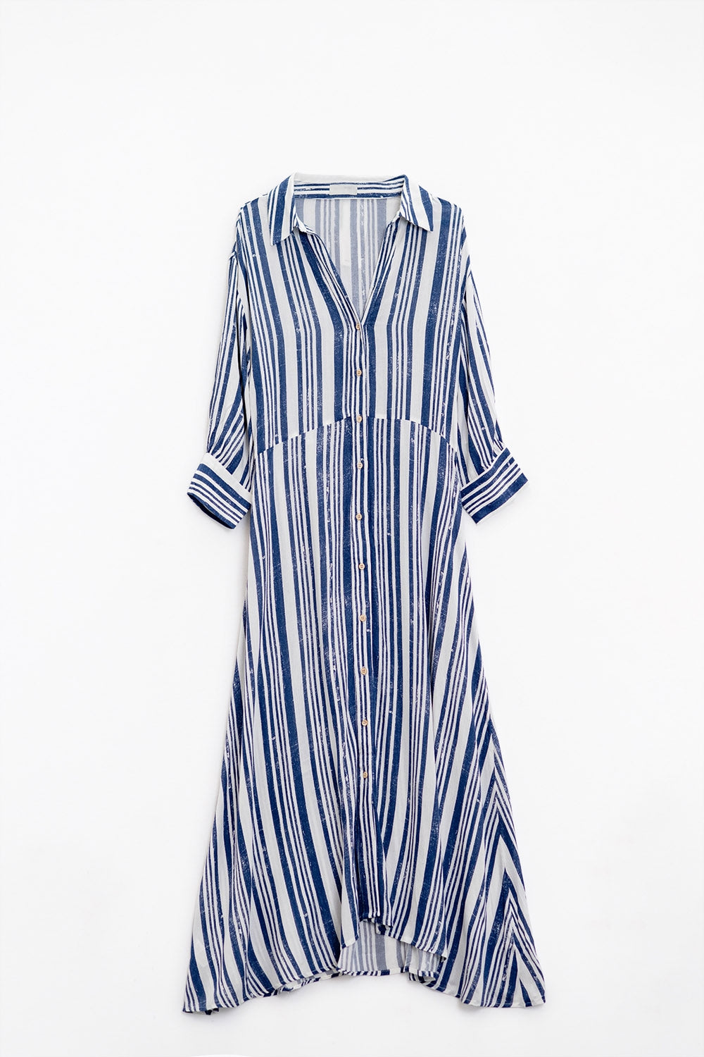 Striped Maxi Shirt Dress With 3/4 Sleeve and Belt in Blue and White - dress