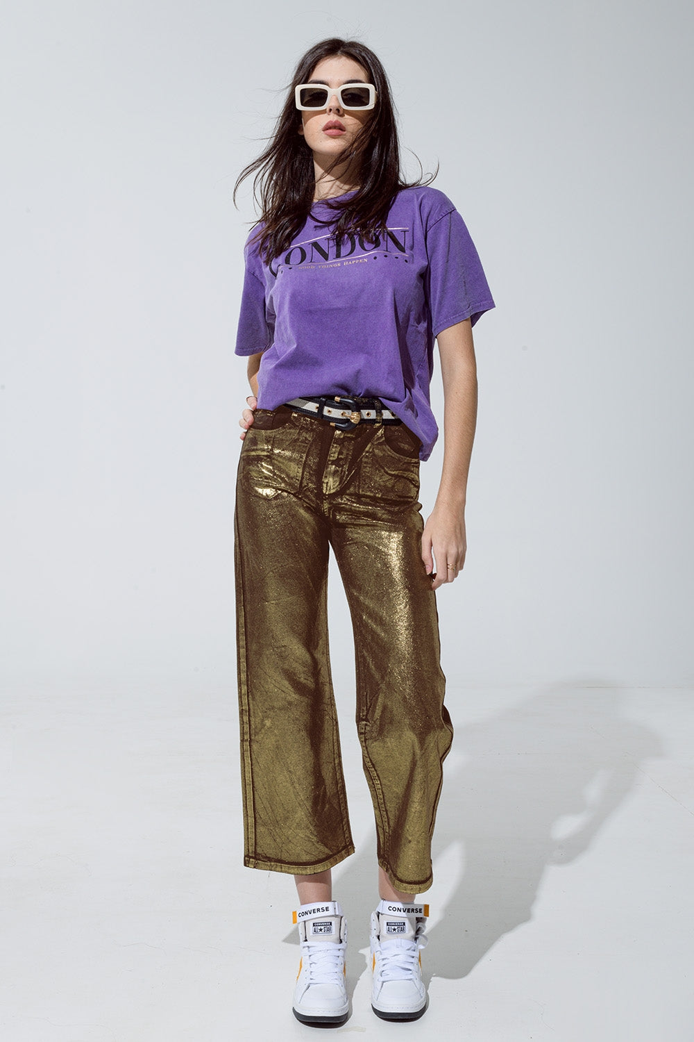 Brown straight leg jeans with gold metallic glow - Coloured Jeans