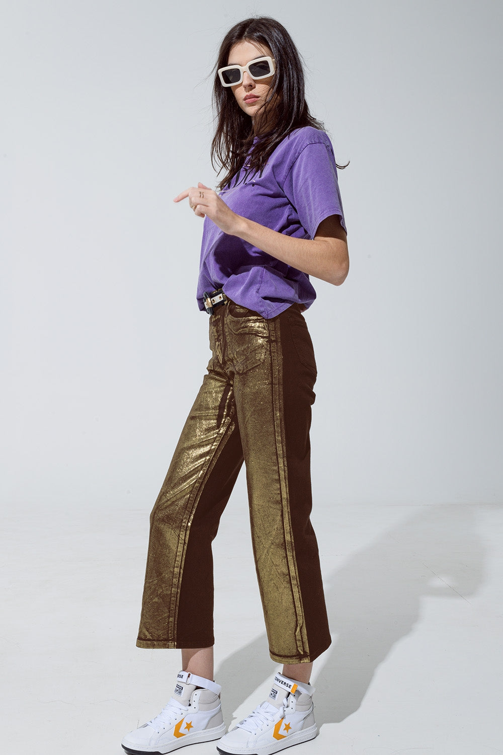 Brown straight leg jeans with gold metallic glow - Coloured Jeans
