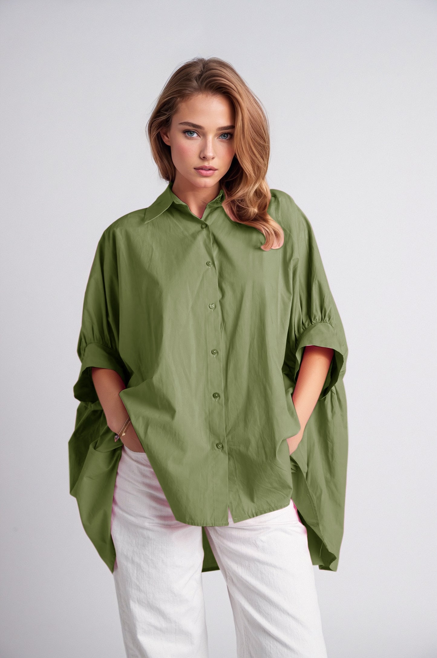 Green oversized blouse with short sleeve - Shirts