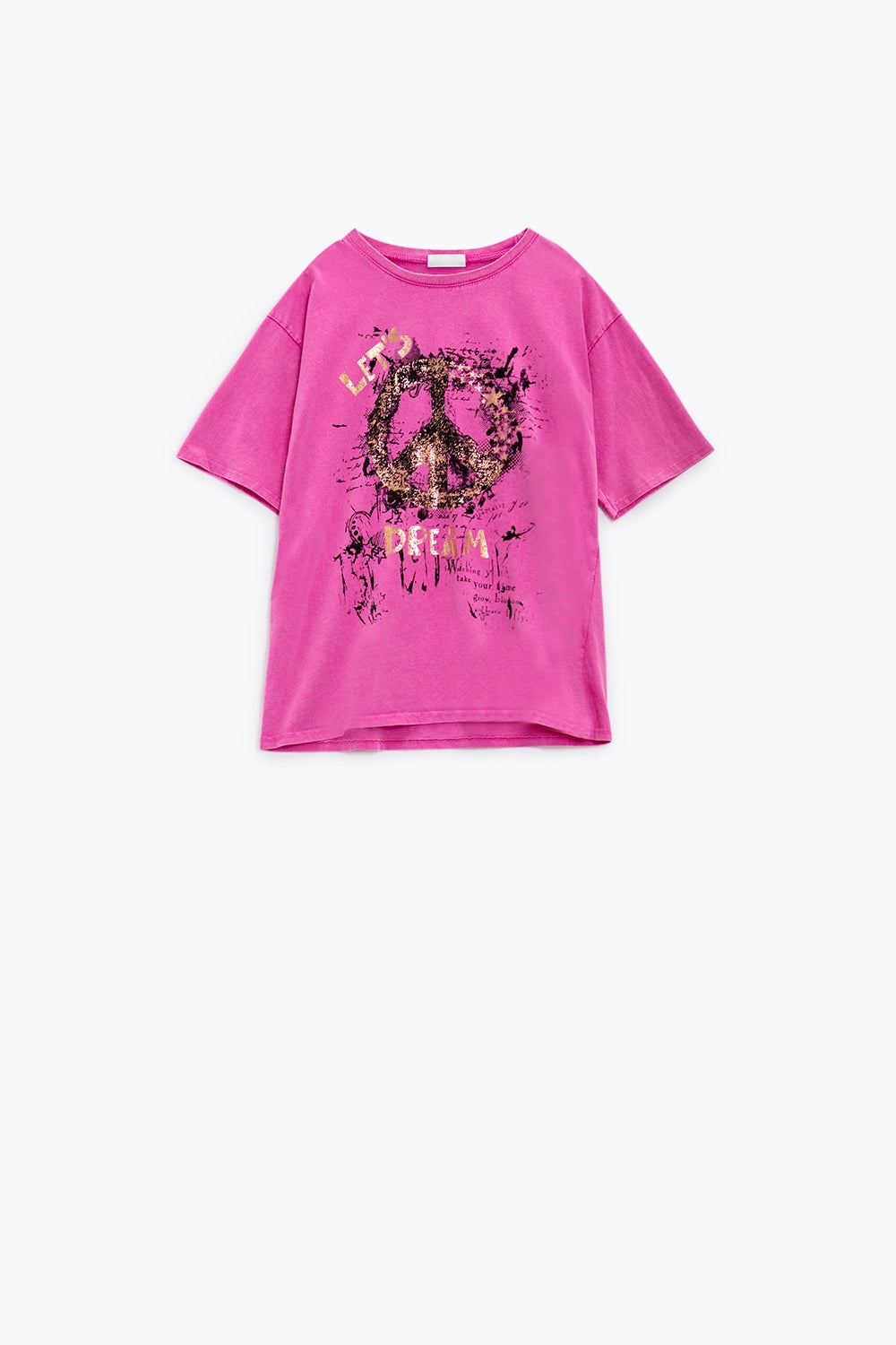 Short Sleeve T-shirt With Graphic Peace Sign Design At The Front In Fuchsia - top