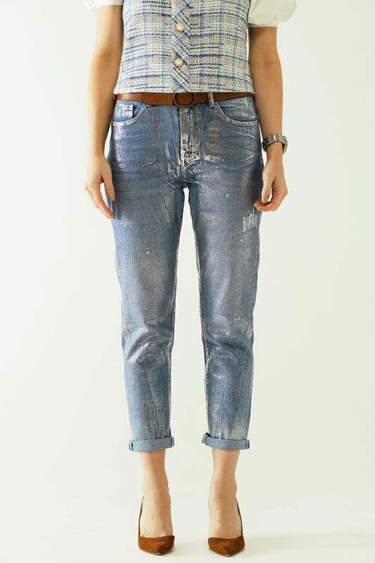 skinny blue jeans with metallic finish in light wash - Denim