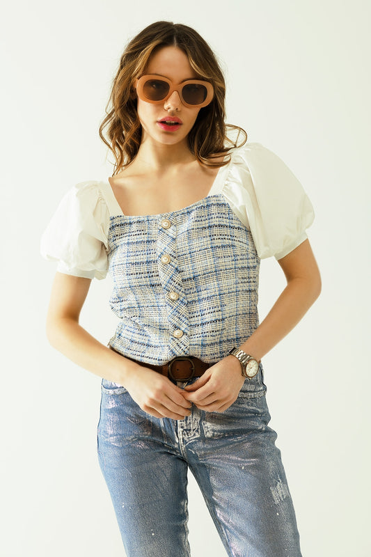 Blue Tweed top with voluminous short sleeves and pearl buttons - top