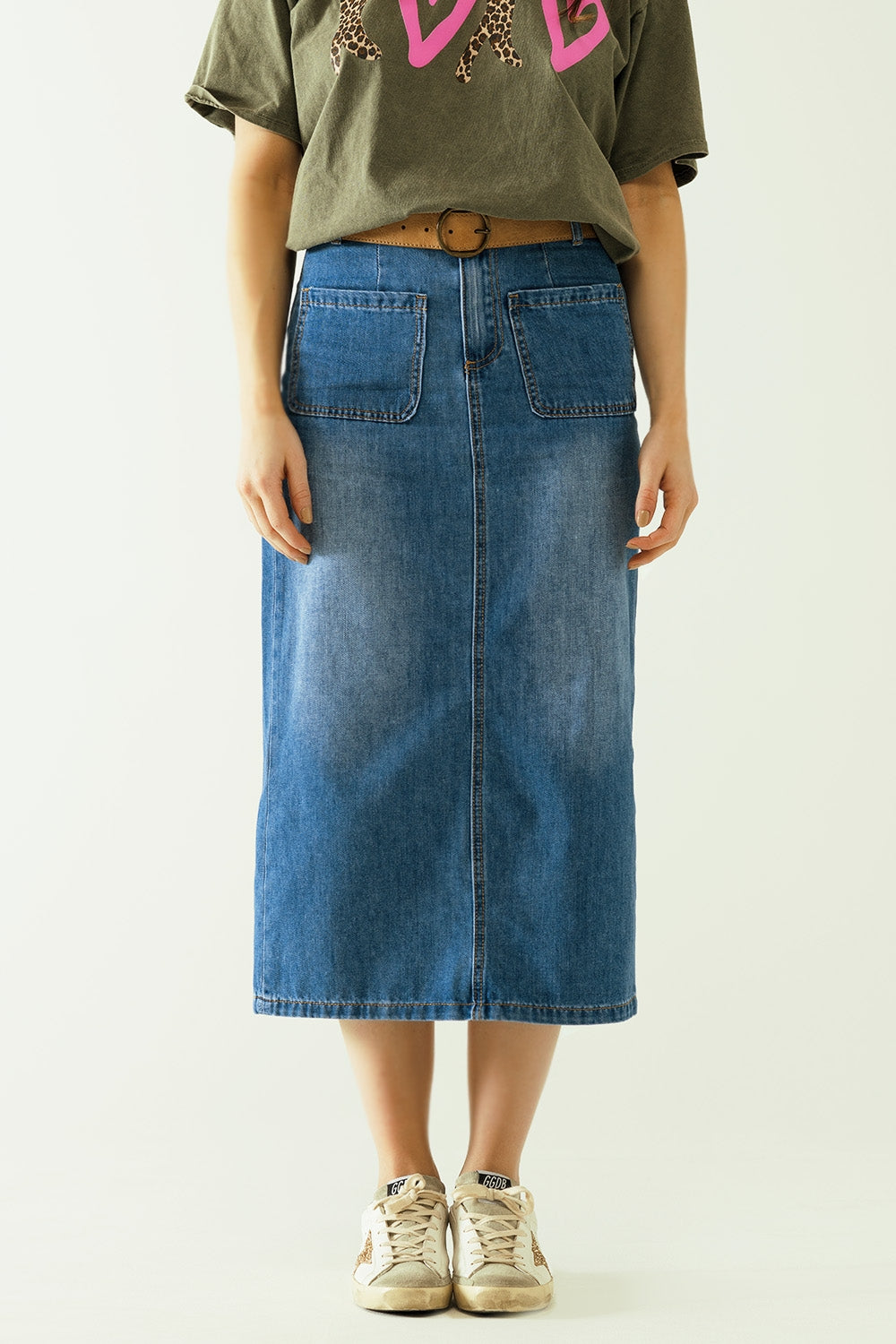 Midi denim skirt with front pockets