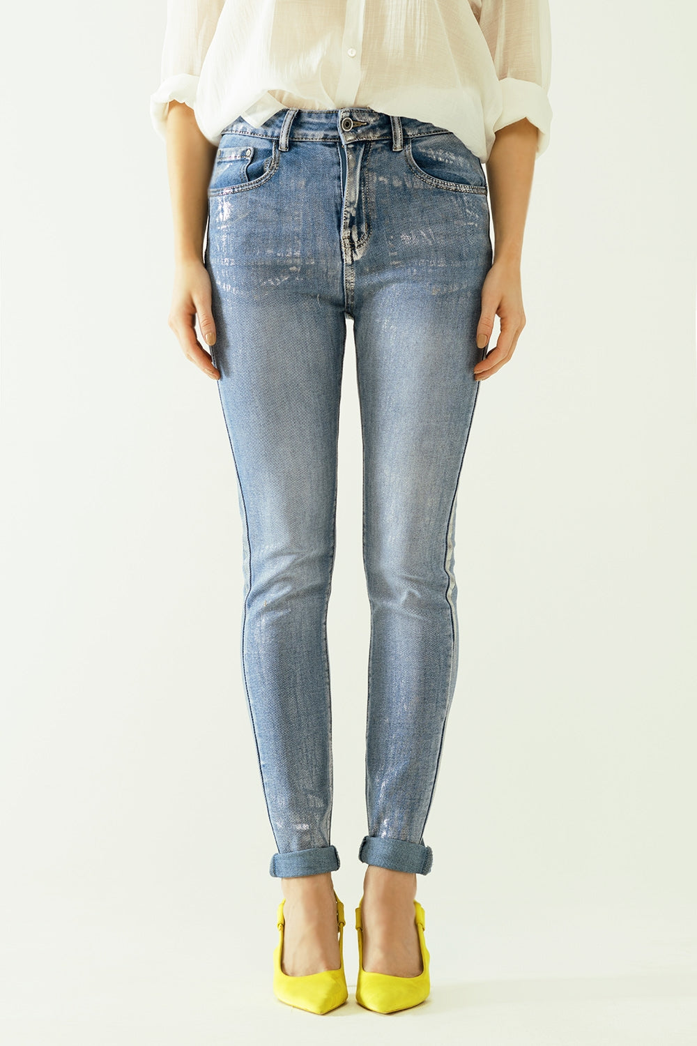 High-waisted jeans with five pockets with silver powder-coated effect - Denim