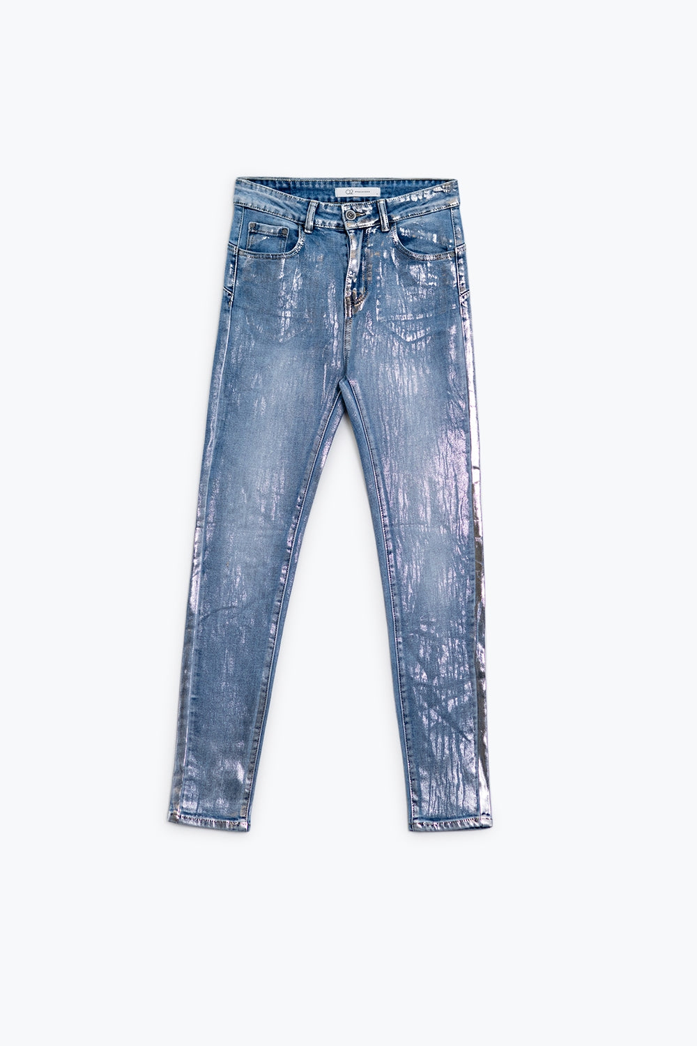 High-waisted jeans with five pockets with silver powder-coated effect - Denim