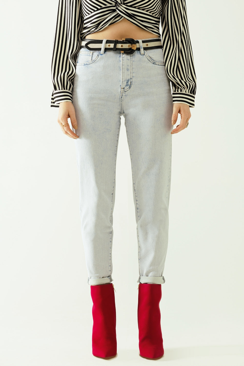 Five pockets mom jeans wash effect with folded hem - Denim
