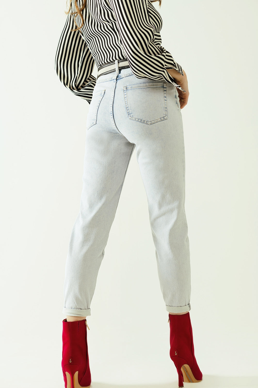 Five pockets mom jeans wash effect with folded hem - Denim