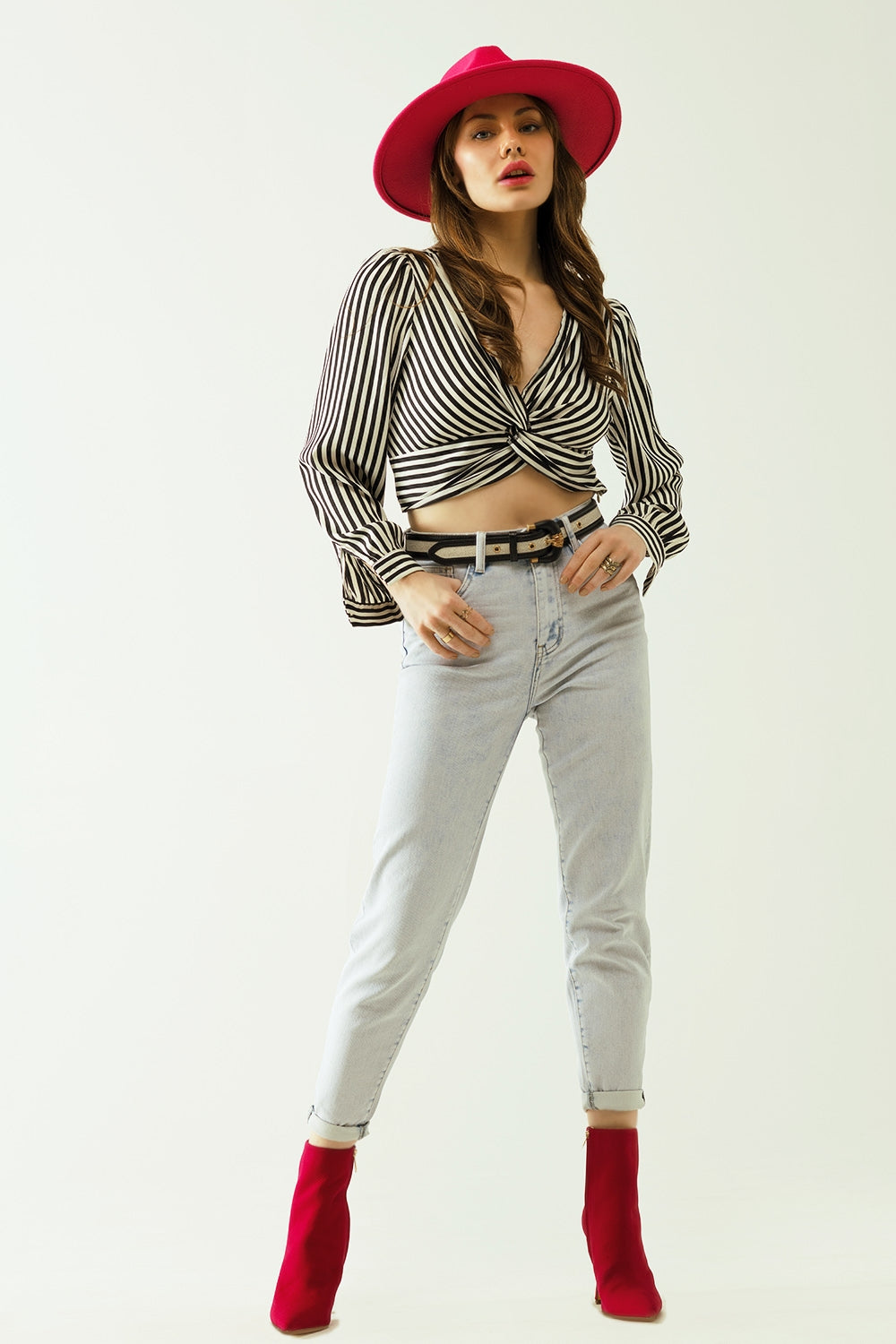 Five pockets mom jeans wash effect with folded hem - Denim