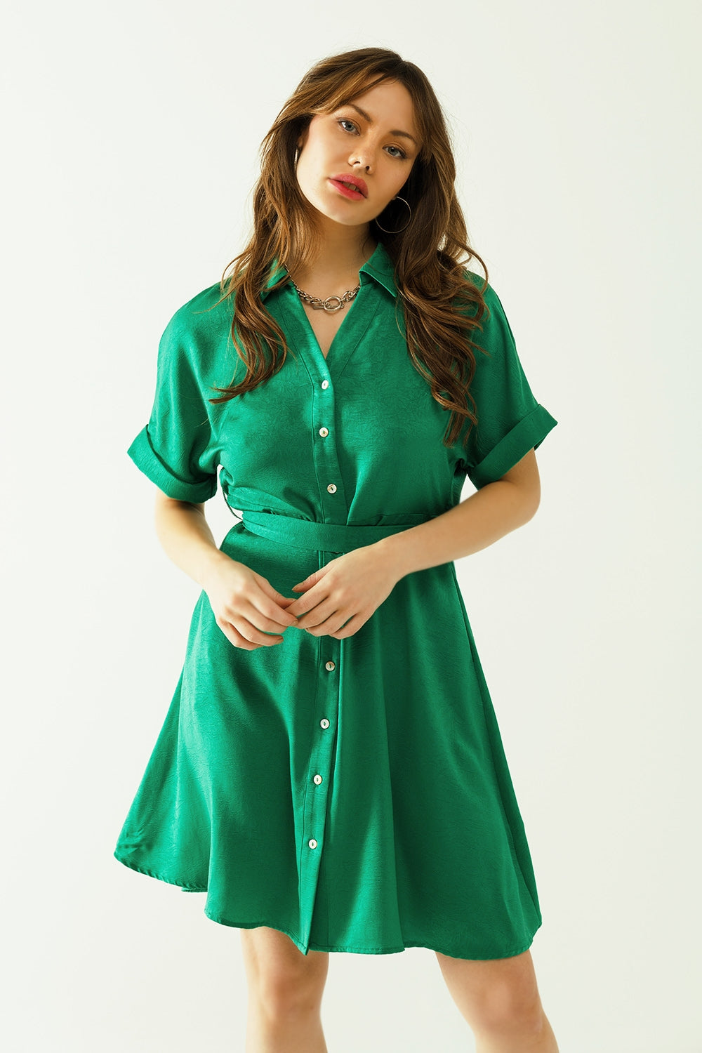 Relaxed belted mini dress with button placked down the front in green - dress