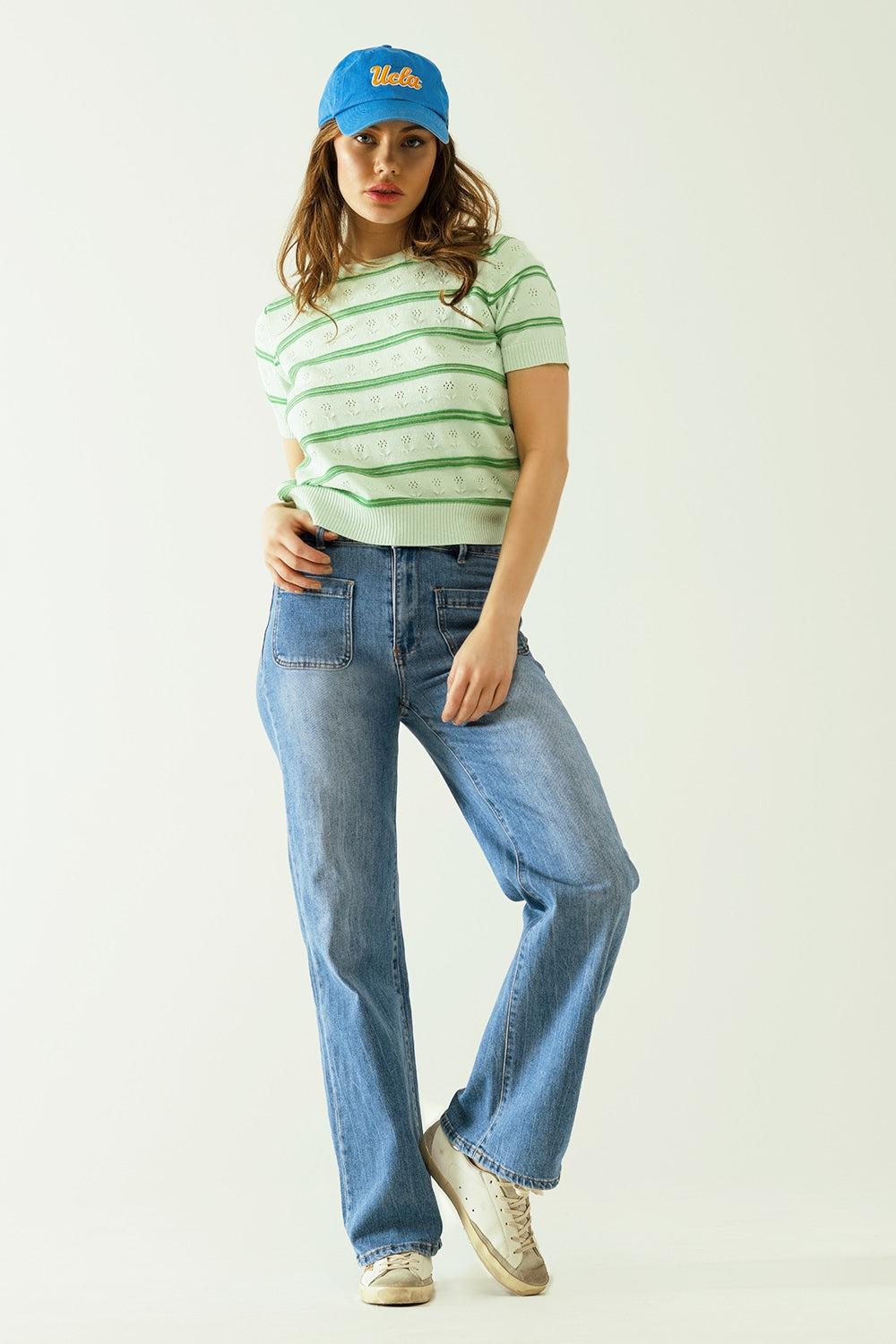 Jeans wide legs with front closure with metalic buttons and front pockets - Denim