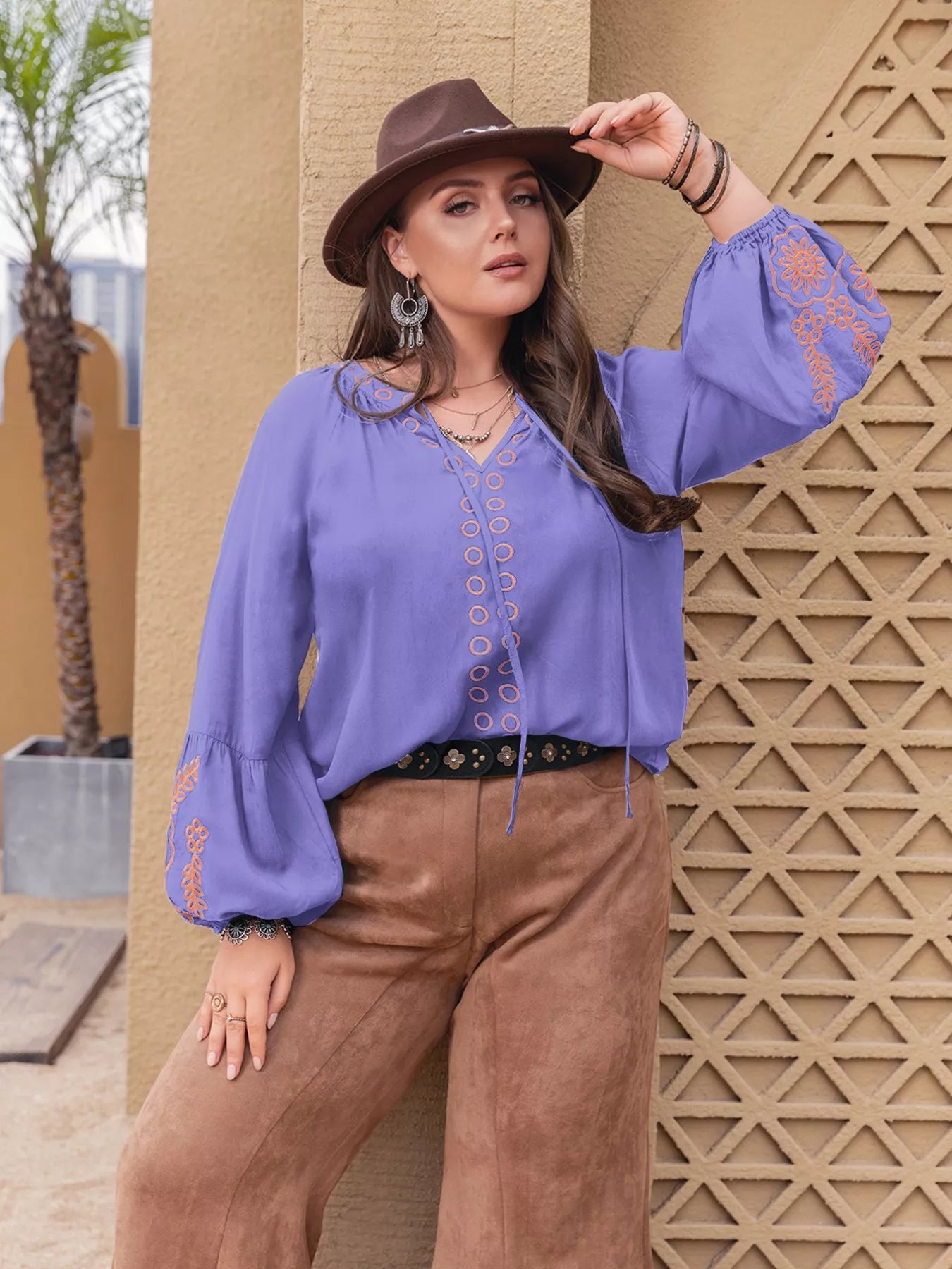 Plus Size Boho Embroidered Long Sleeve Blouse Blue Purple - Blouses