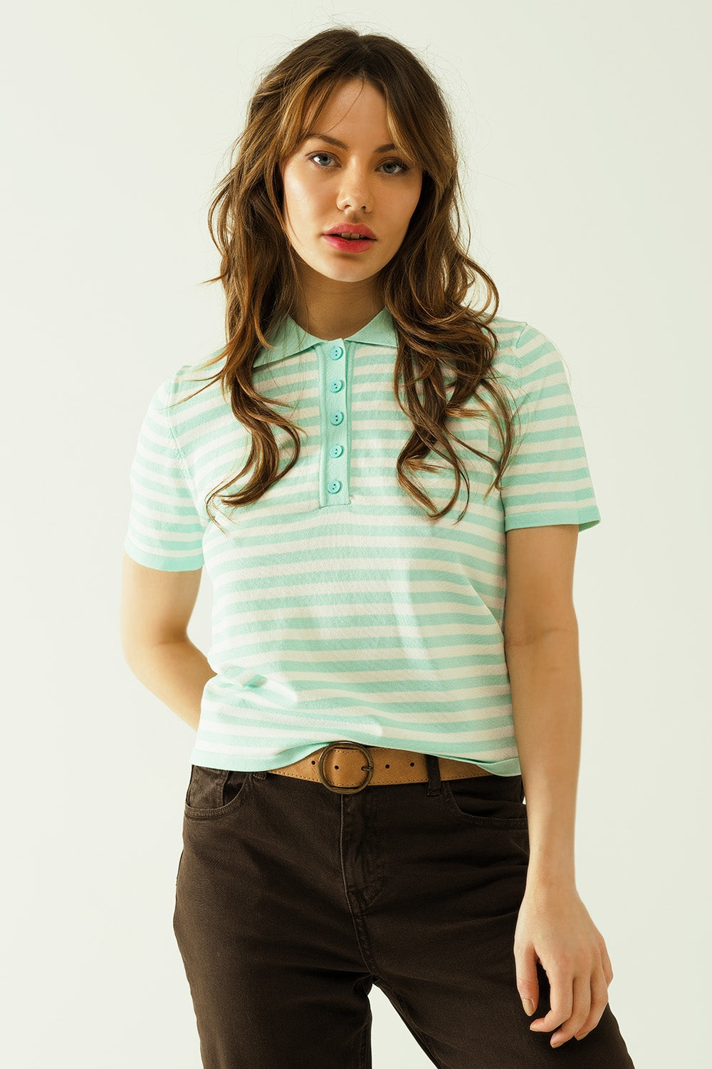 White short sleeves polo shirt with light blue stripes and frontal buttons details