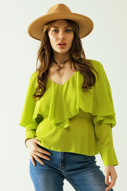 Green long sleeve top with a ruffle detail and bare back - top
