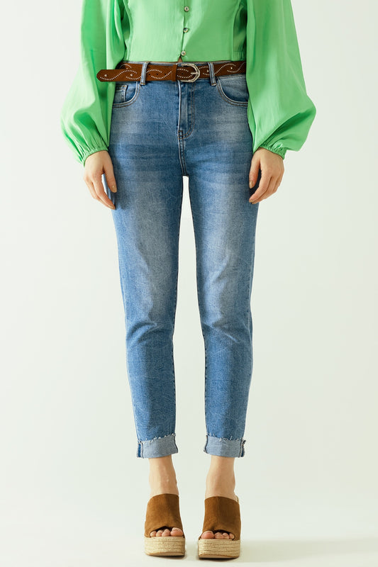 Washed effect push-up jeans with five pockets and hem - Denim