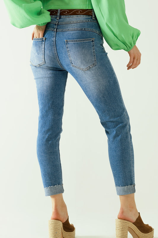 Washed effect push-up jeans with five pockets and hem - Denim