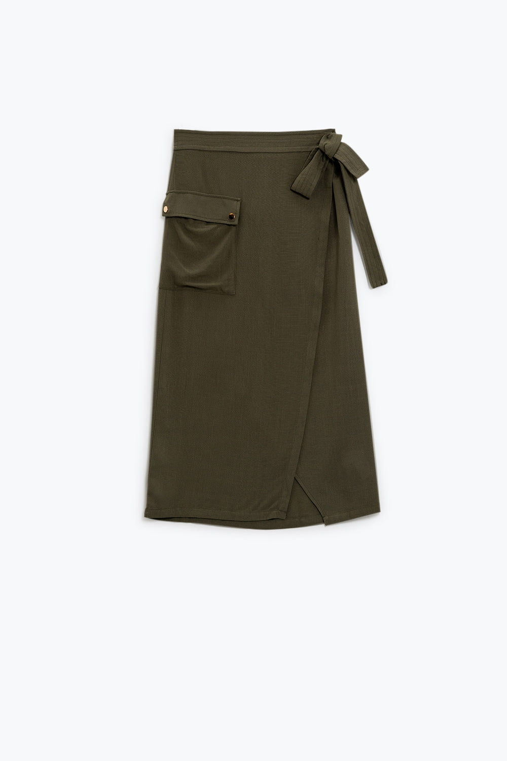 Khaki mid-length skirt with one pocket and a lace detail