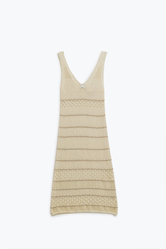 Cream Midi Sleeveless Dress With V-neck and Crochet Design - dress