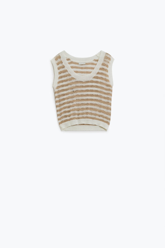 Open Knit Cropped Striped Sleeveless sweater in Brown and White - jumper