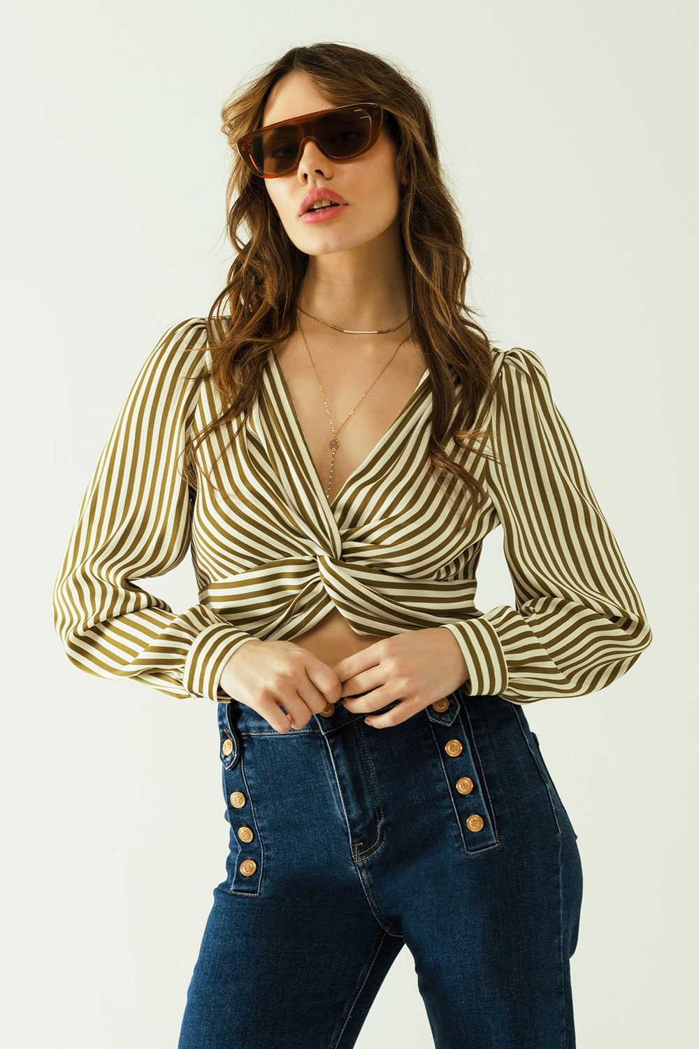 White long sleeves crop top with brown stripes and v-neck - top