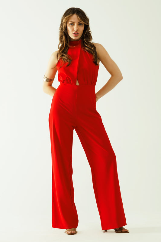 Red jumpuits with top crossed and high collar - jumpsuit