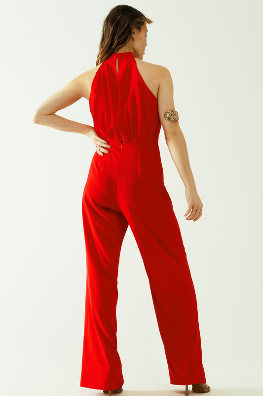 Red jumpuits with top crossed and high collar - jumpsuit