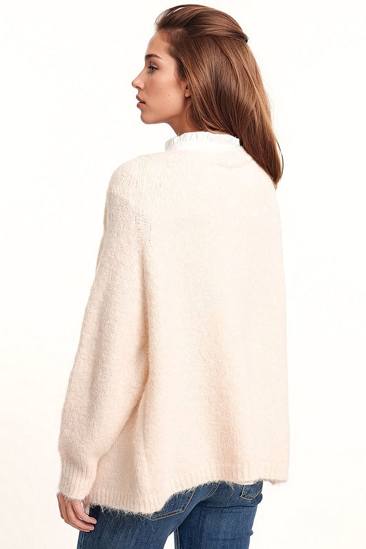 Oversized fluffy knit open cardigan in white with rib at them and cuffs - cardigan