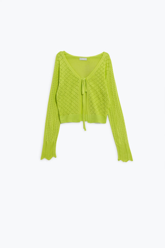 Lime Cardigan with Argyle Print and Tie Closing