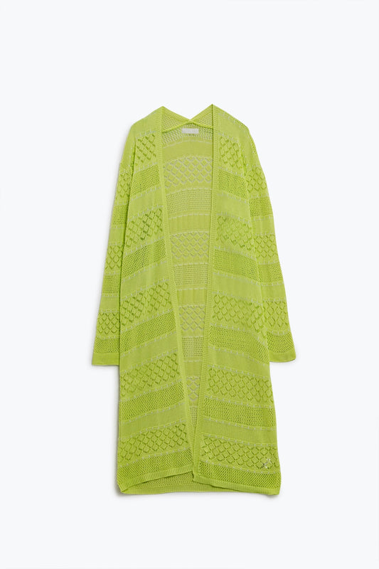 Crochet Maxi Cardigan In Lime With Long Sleeves