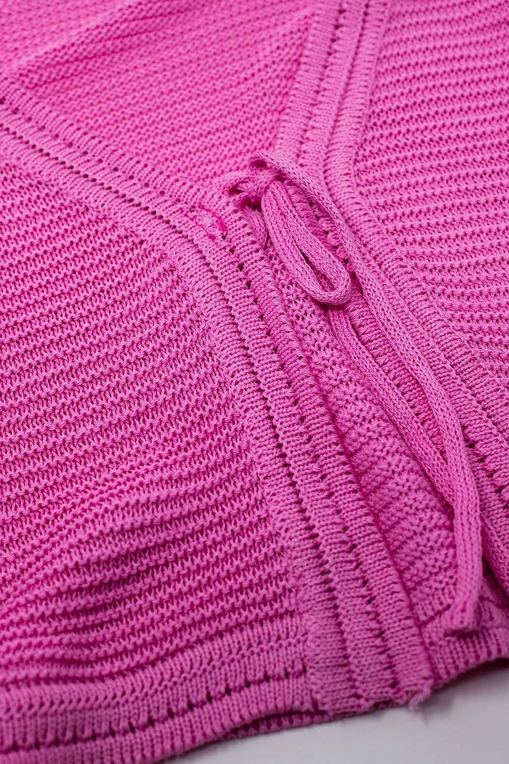 Long Bell Sleeve Knitted Cardigan in fuchsia With knot detail