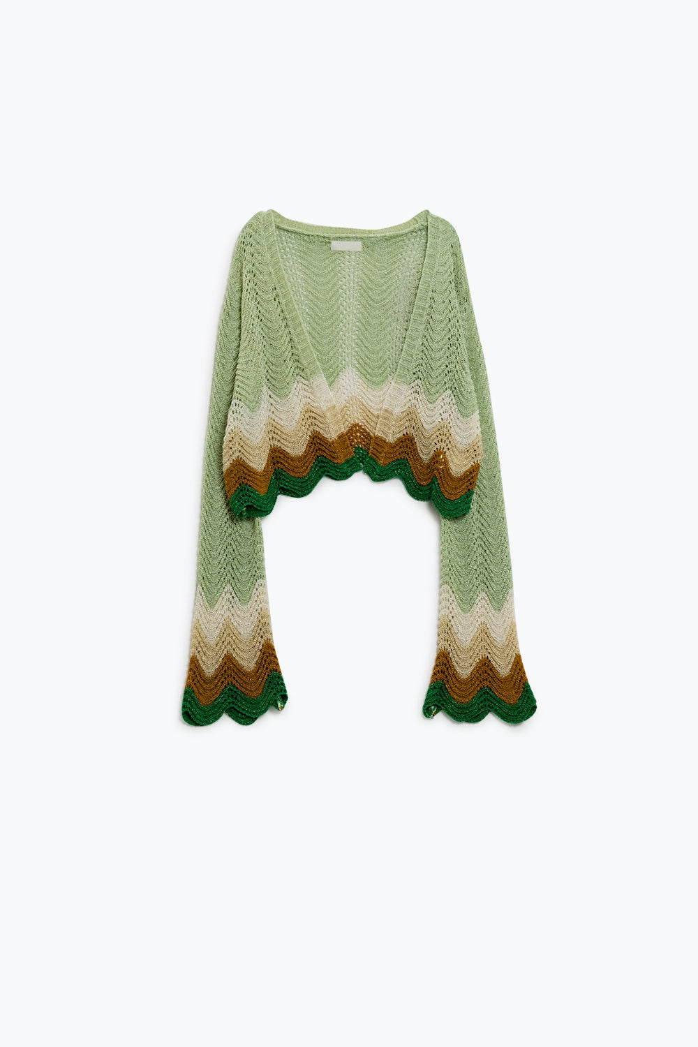 Short knitted cardigan with angel sleeves and wave multicolor detail in green