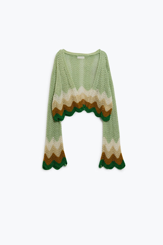 Short knitted cardigan with angel sleeves and wave multicolor detail in green