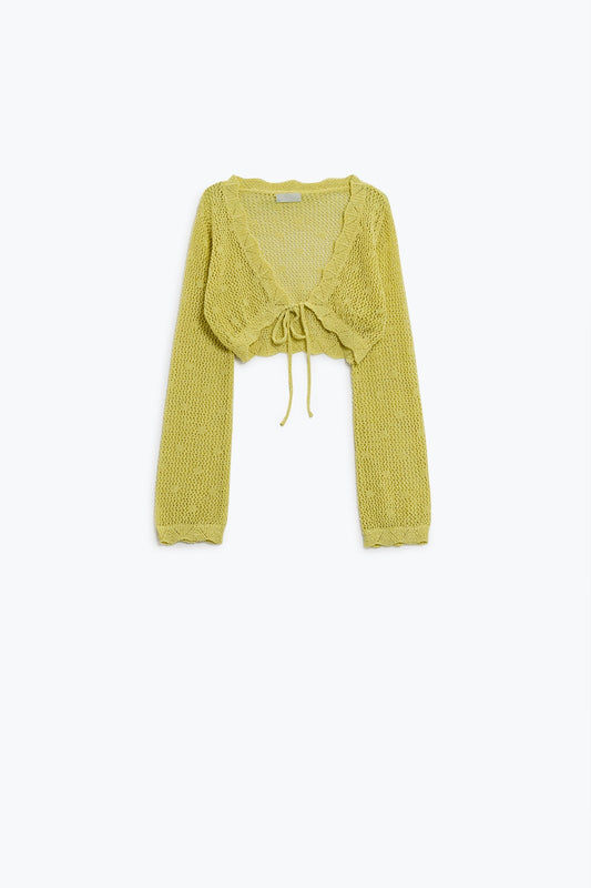 Yellow short crochet cardigan with lurex detail