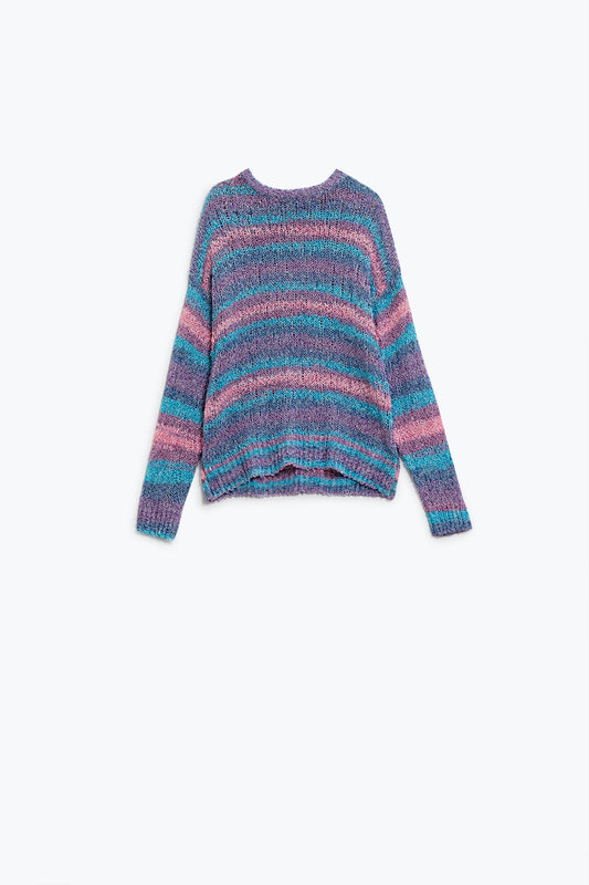 Open Knit Stripey Crew Neck Sweater in Shades of Purple and Blue - jumper