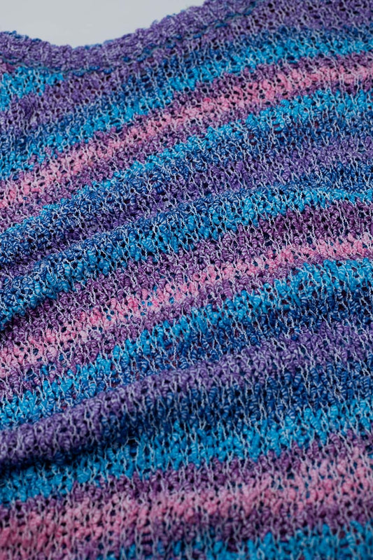 Open Knit Stripey Crew Neck Sweater in Shades of Purple and Blue - jumper