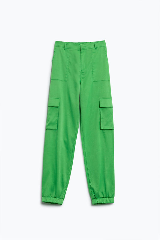 Green satin Pants With Side Pockets And Belt Hoops - trousers