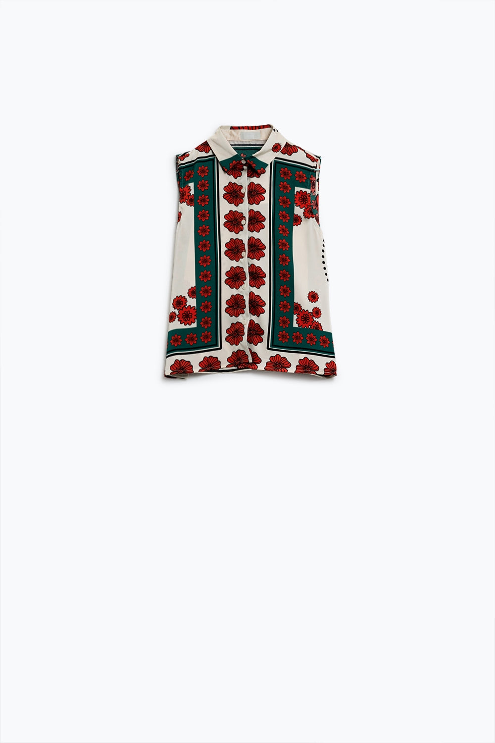 Sleeveless Creme Shirt With Floral Design - Shirts