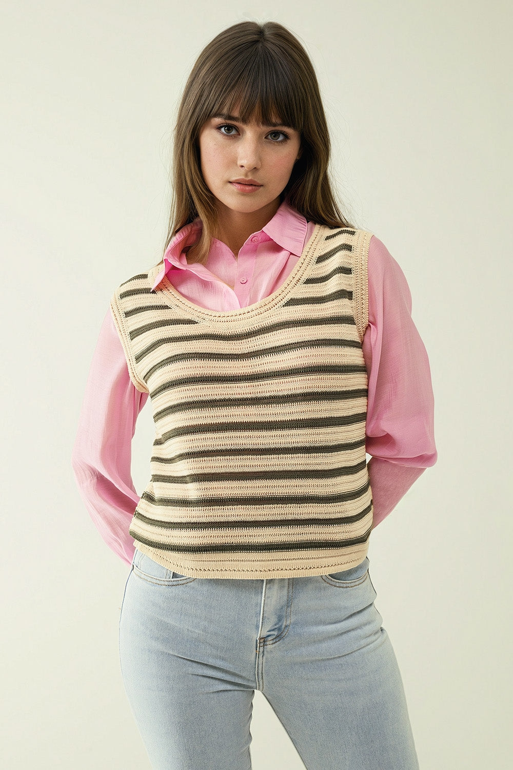 Cream sleeveless knit top with khaki stripes