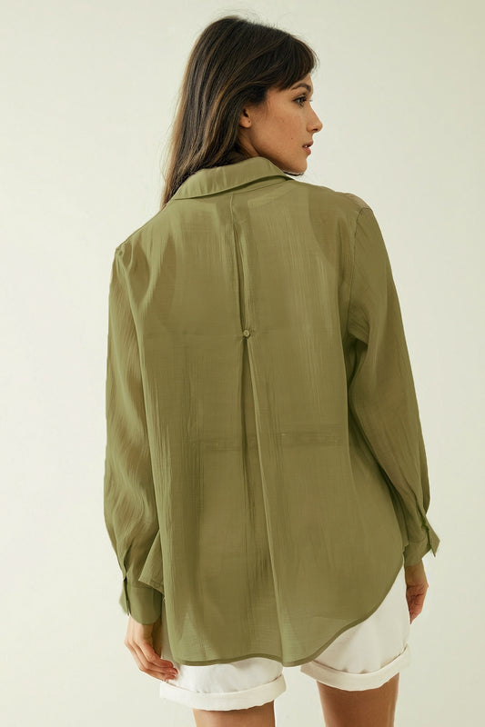 Kahki chiffon shirt with long sleeves and one chest pocket - Shirts