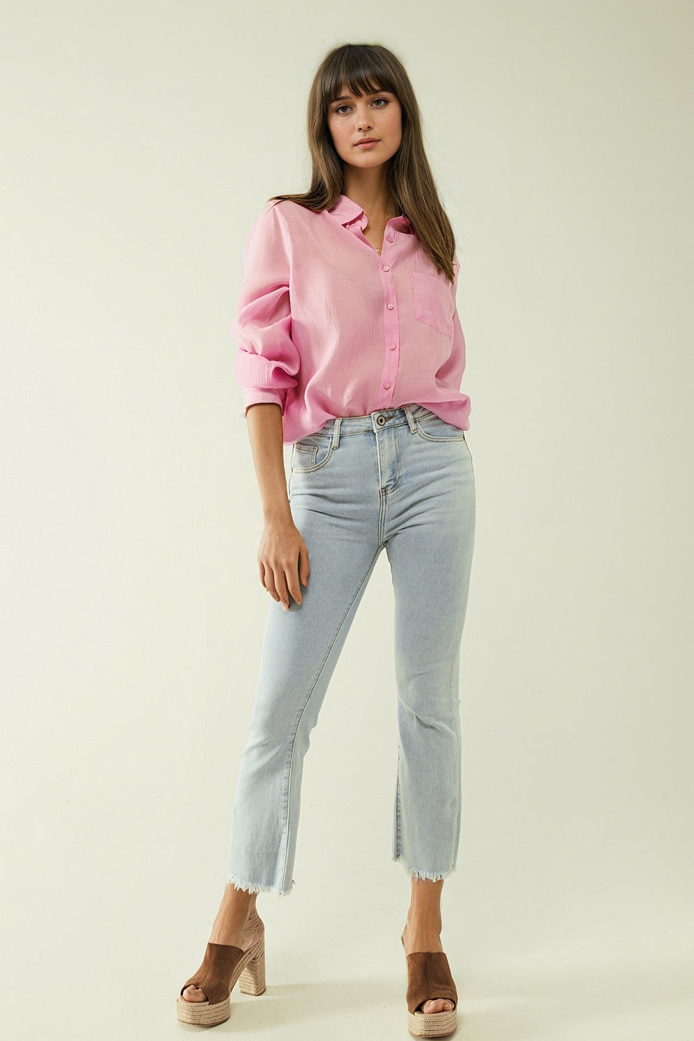 Flared light blue jeans with five pockets and seamless finish - Denim