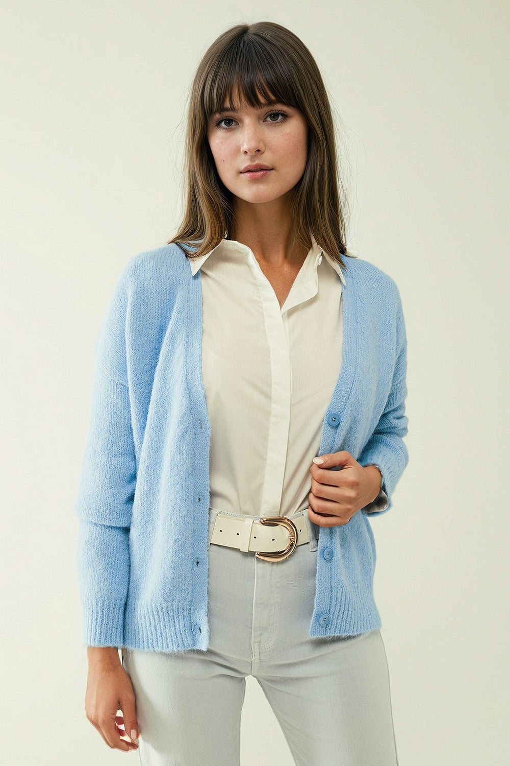 Blue knit cardigan with wide V-neck and button closure - cardigan